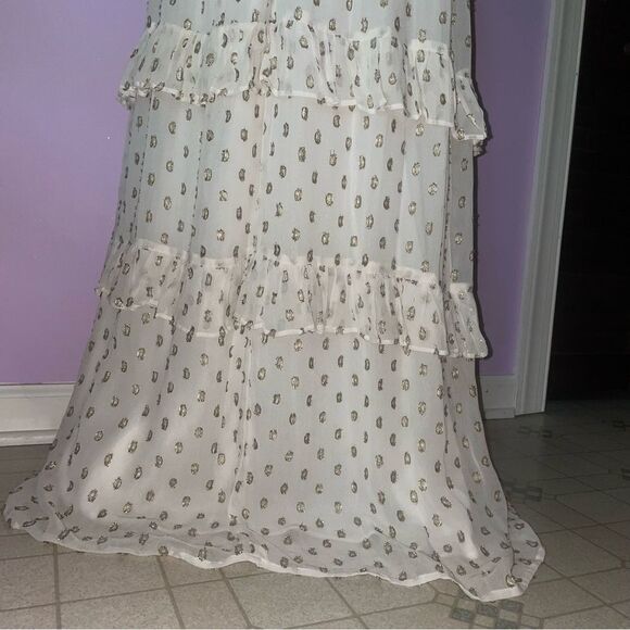 NEW En Creme Maxi Dress M Boho Metallic Polka Dot Cutout Ruffle Tiered - Picture 10 of 13